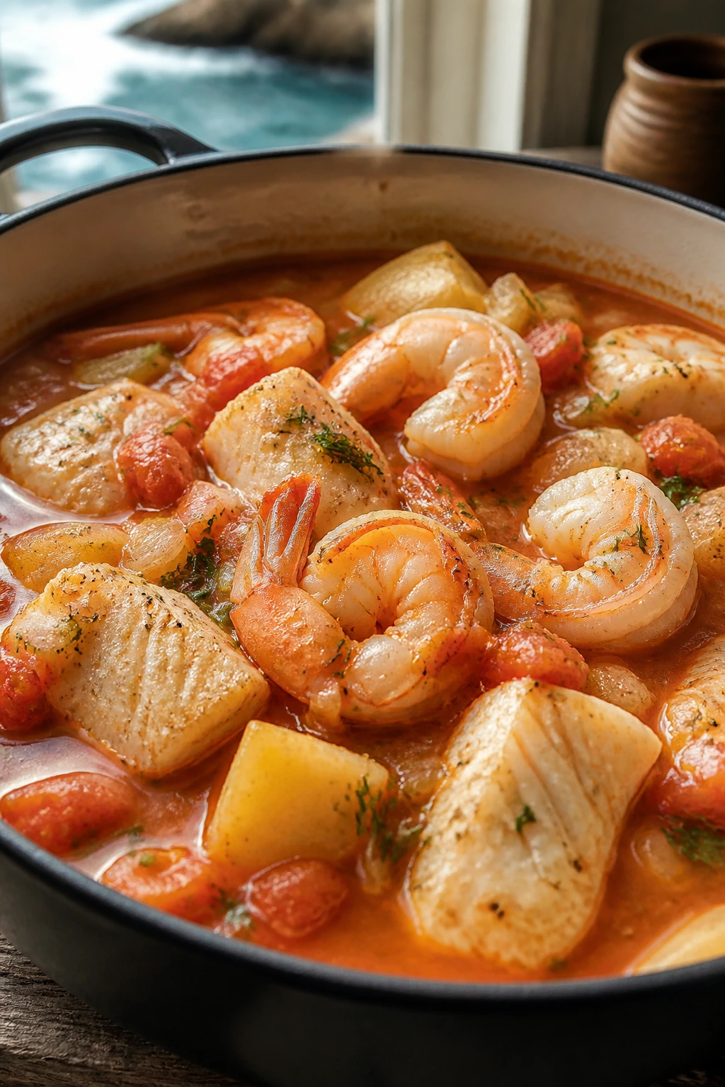 Close-up of Seafood Stew with Shrimp and Cod in a rustic bowl