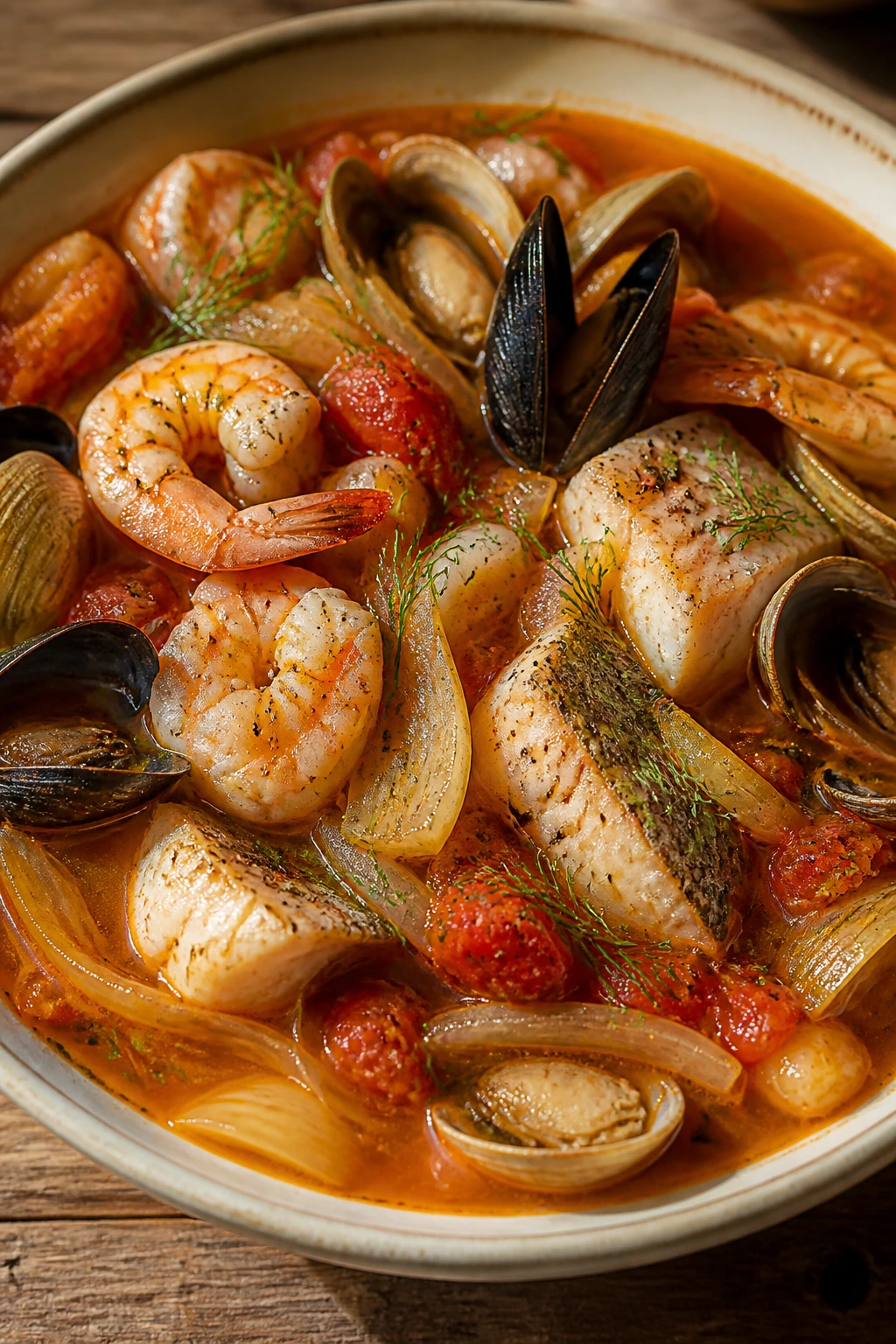 Seafood stew with fennel and tomatoes in a bowl.