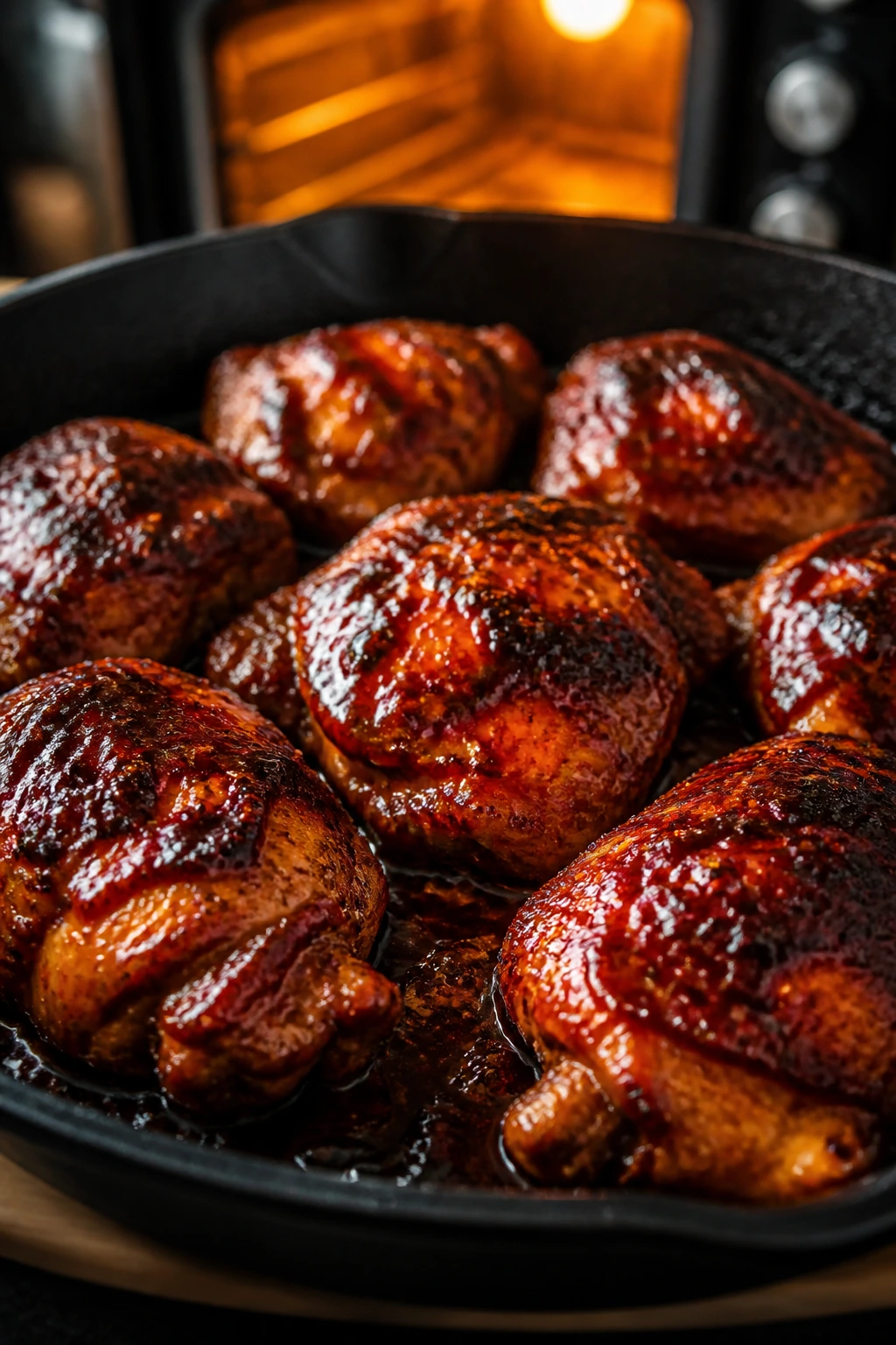 Glossy BBQ chicken thighs seared and baked for optimal texture