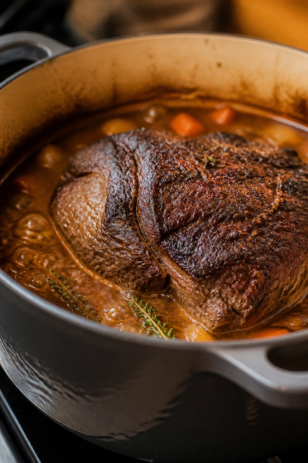 Crusty seared beef chuck roast in a Dutch oven with braising liquid.