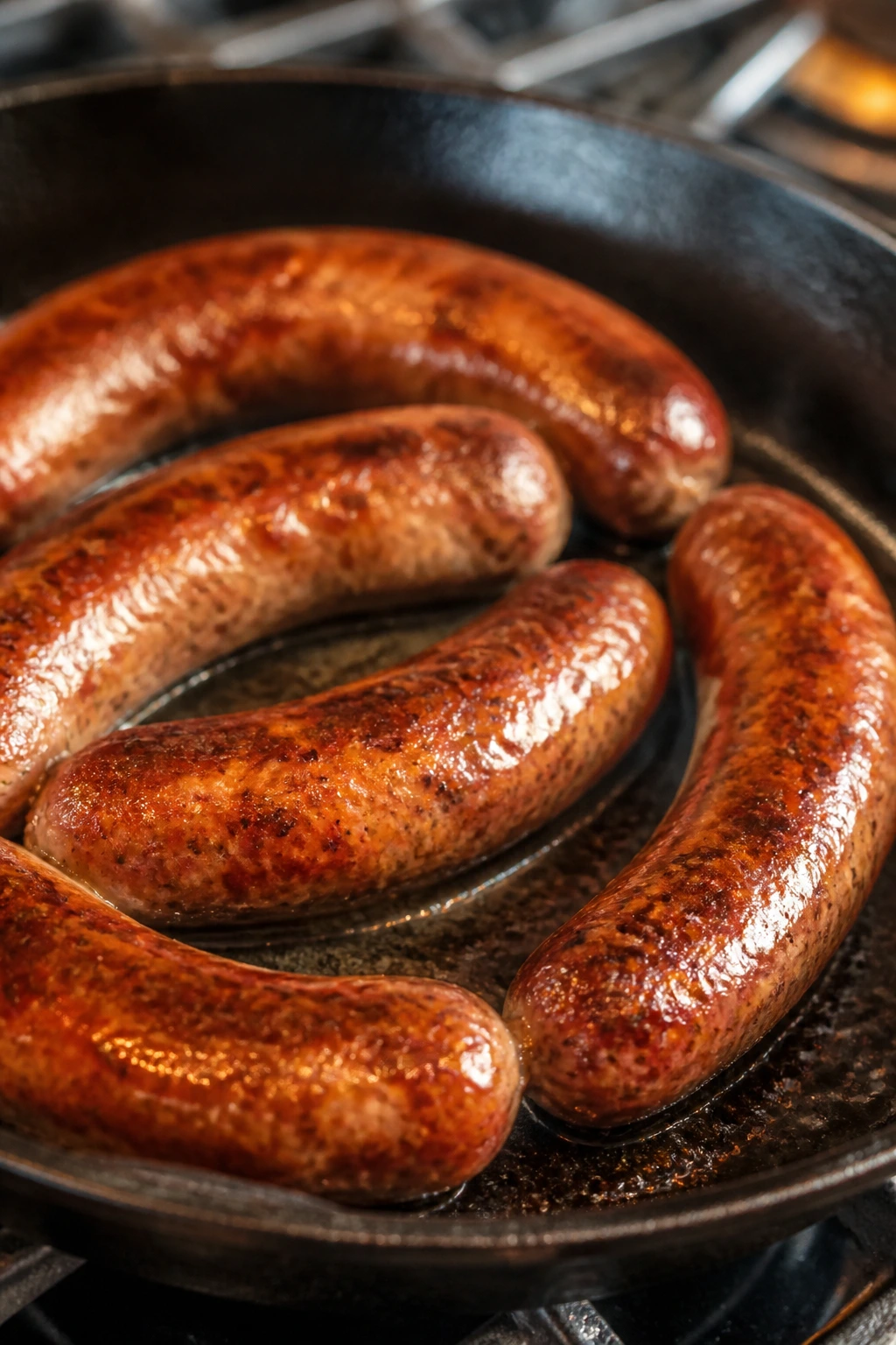 Sausage links searing in cast-iron skillet for a crisp snap