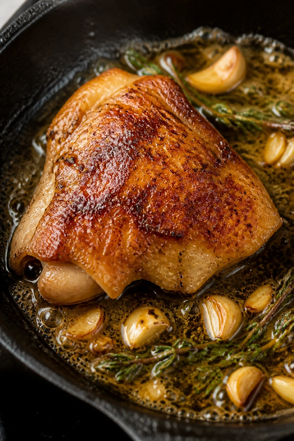 Seared chicken thigh in hot skillet with minimal background
