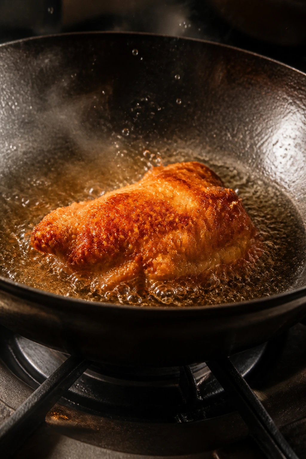 Coated chicken browning in hot oil in a wok