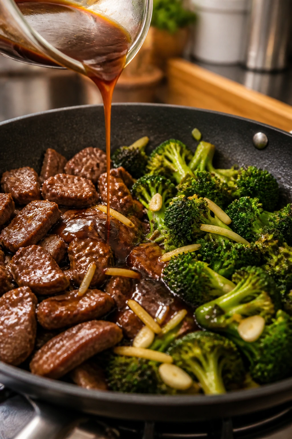 Skillet showing beef searing and broccoli with glaze