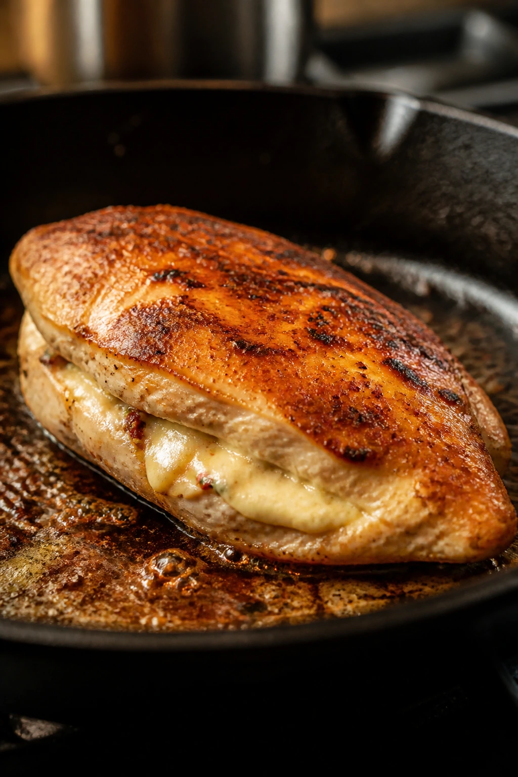Stuffed chicken breast searing in a skillet with cheese melting