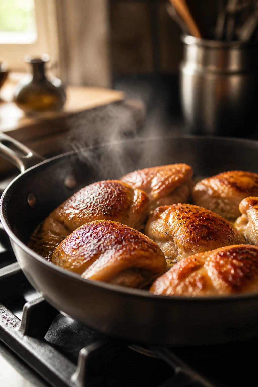 Close-up of chicken browning in a pan