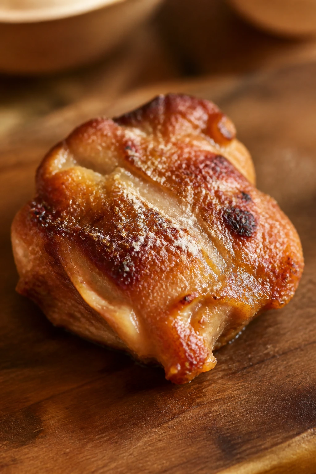 Close-up of a seared chicken thigh with cornstarch dust and caramelized edges