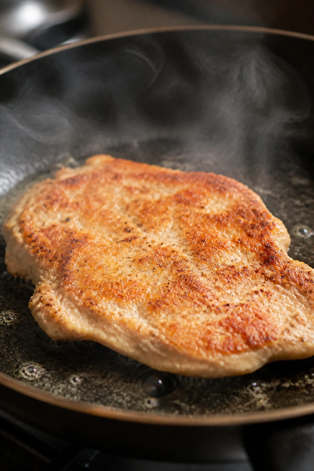 Close-up of a flour-coated chicken cutlet searing in a hot pan with a golden crust.