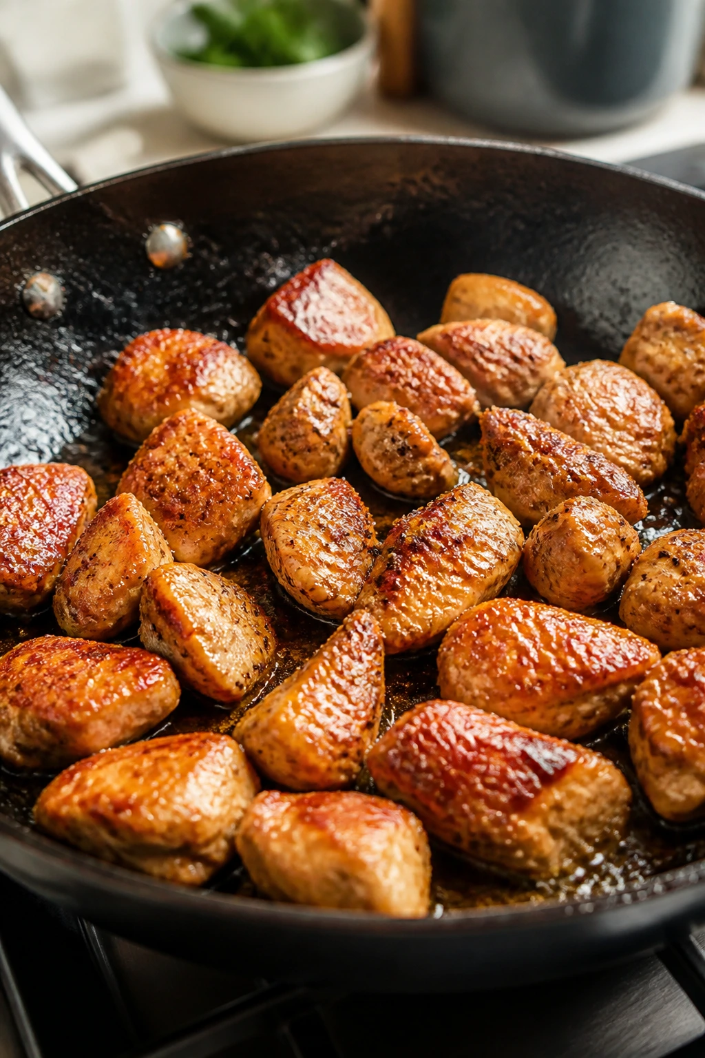 Golden-brown pan-seared chicken pieces in a skillet