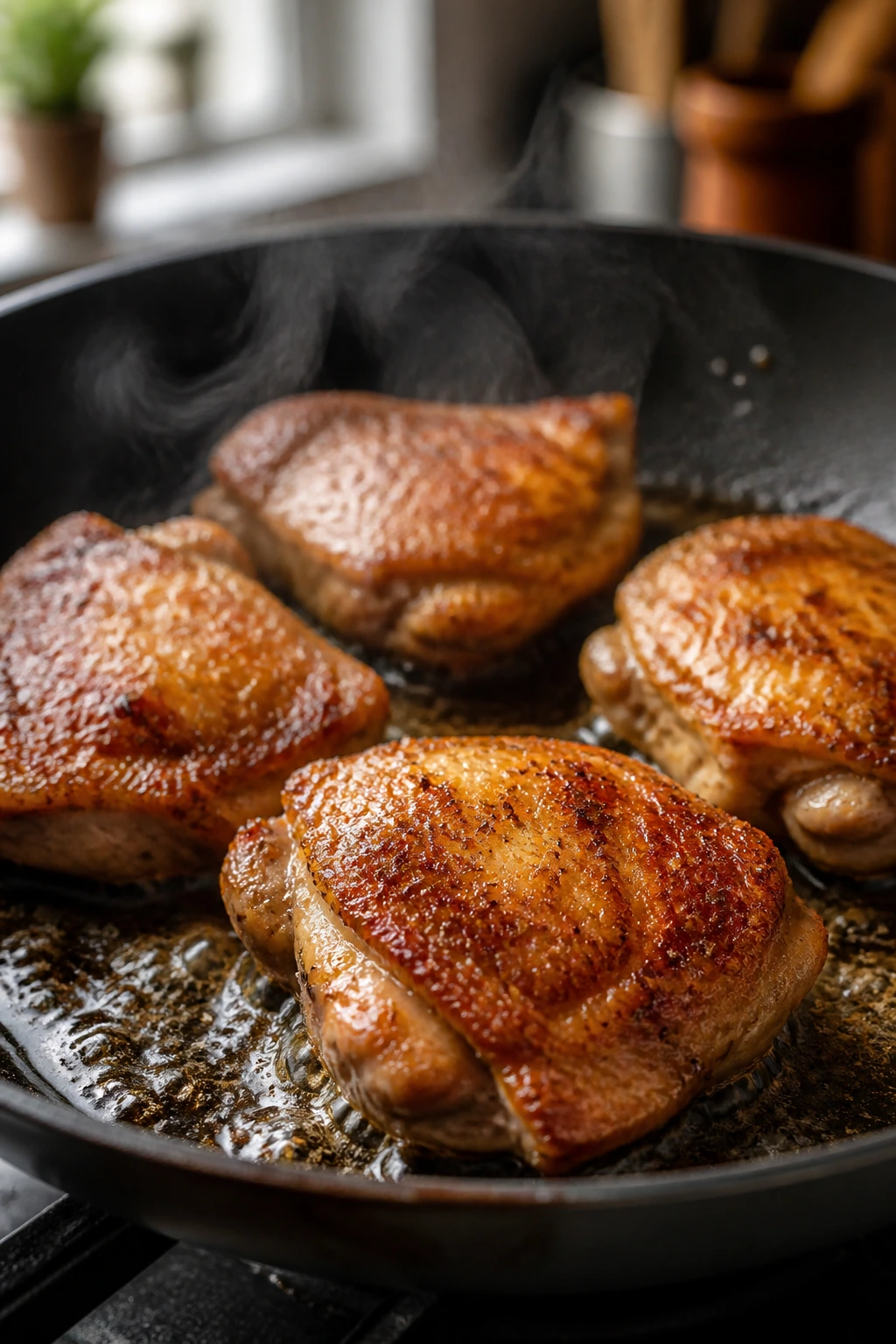 Chicken thighs browning with a golden crust in hot pan