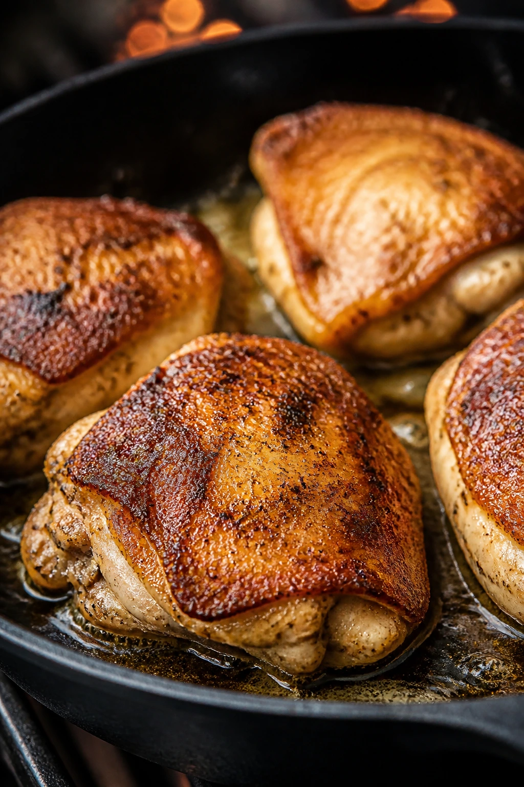 Chicken thighs browning with bronzed crust in a hot skillet