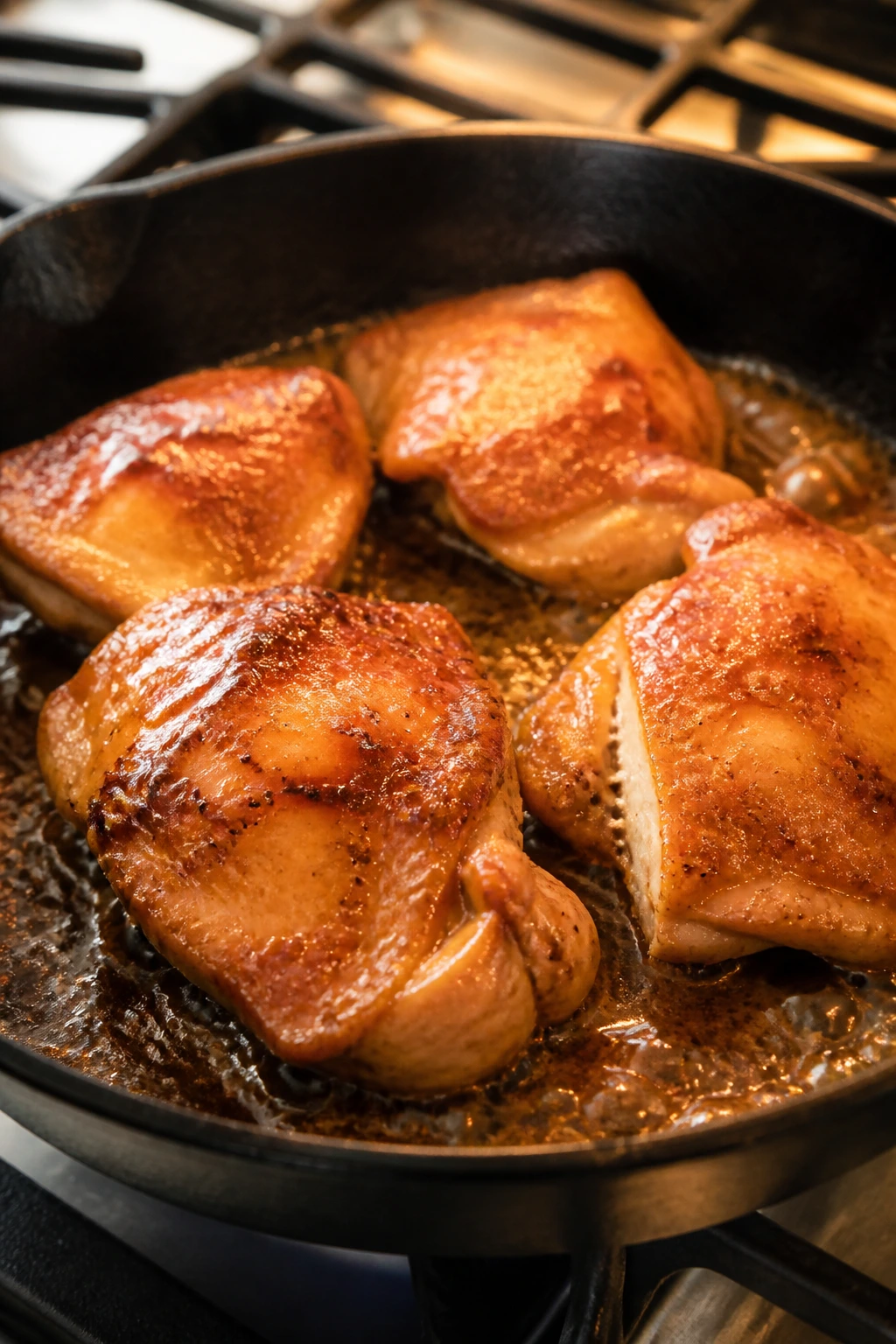 Searing honey chicken with a golden crust in a skillet