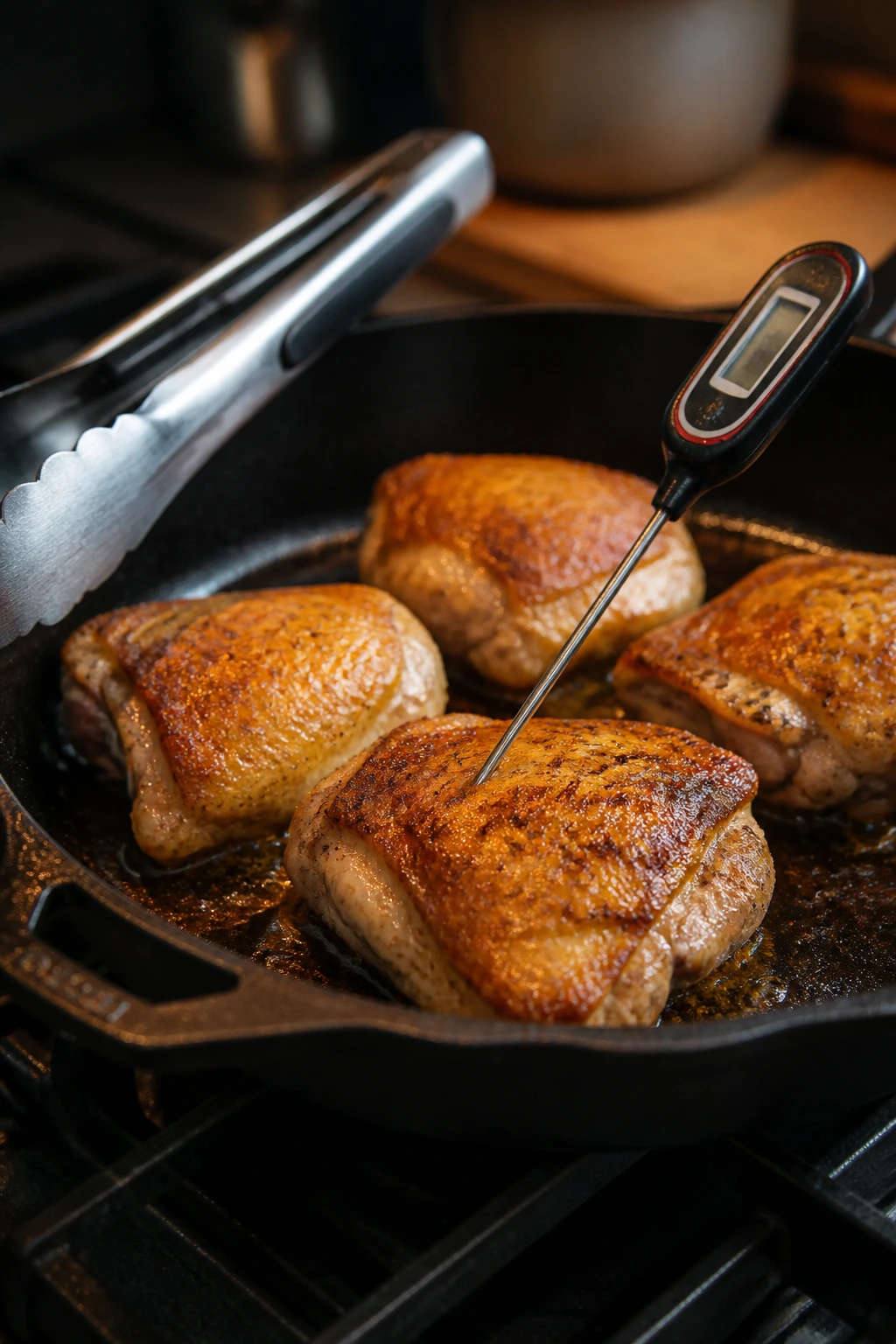 Skillet, tongs, and thermometer ready for searing chicken