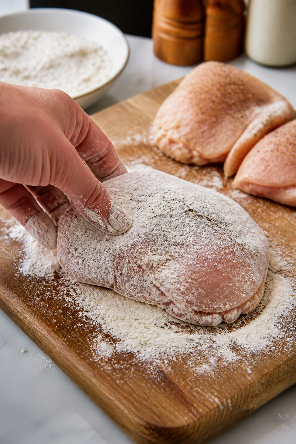 Seasoned chicken thighs being dredged in flour