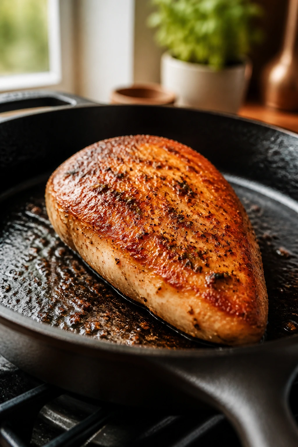 Juicy seasoned chicken breast with golden crust in a skillet