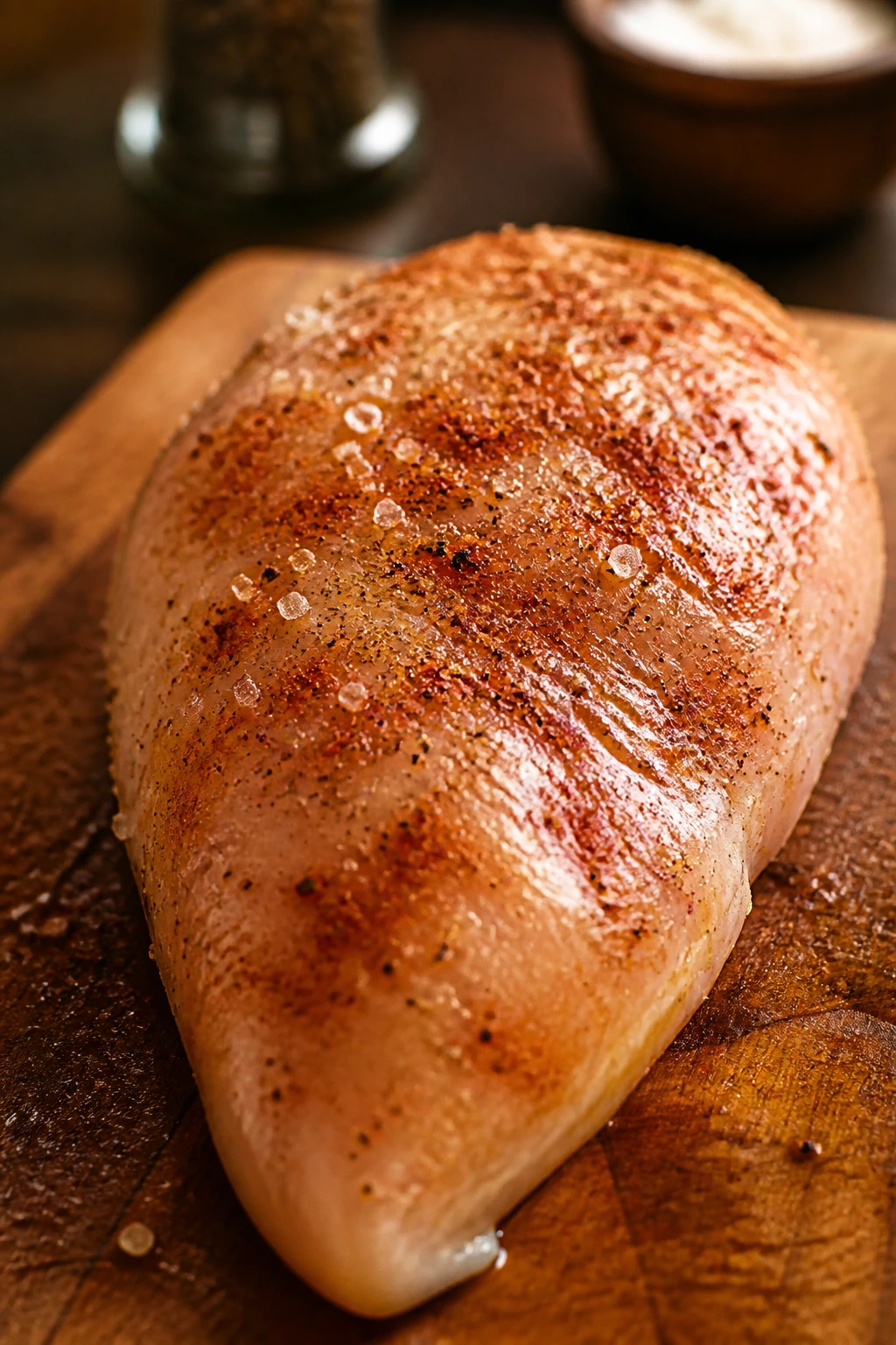 Seasoned chicken breast with visible spices on cutting board in kitchen