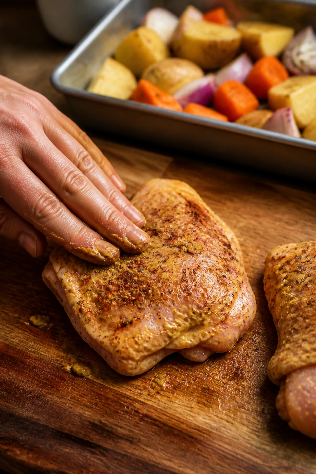 Hand applying seasoning to chicken thigh on cutting board
