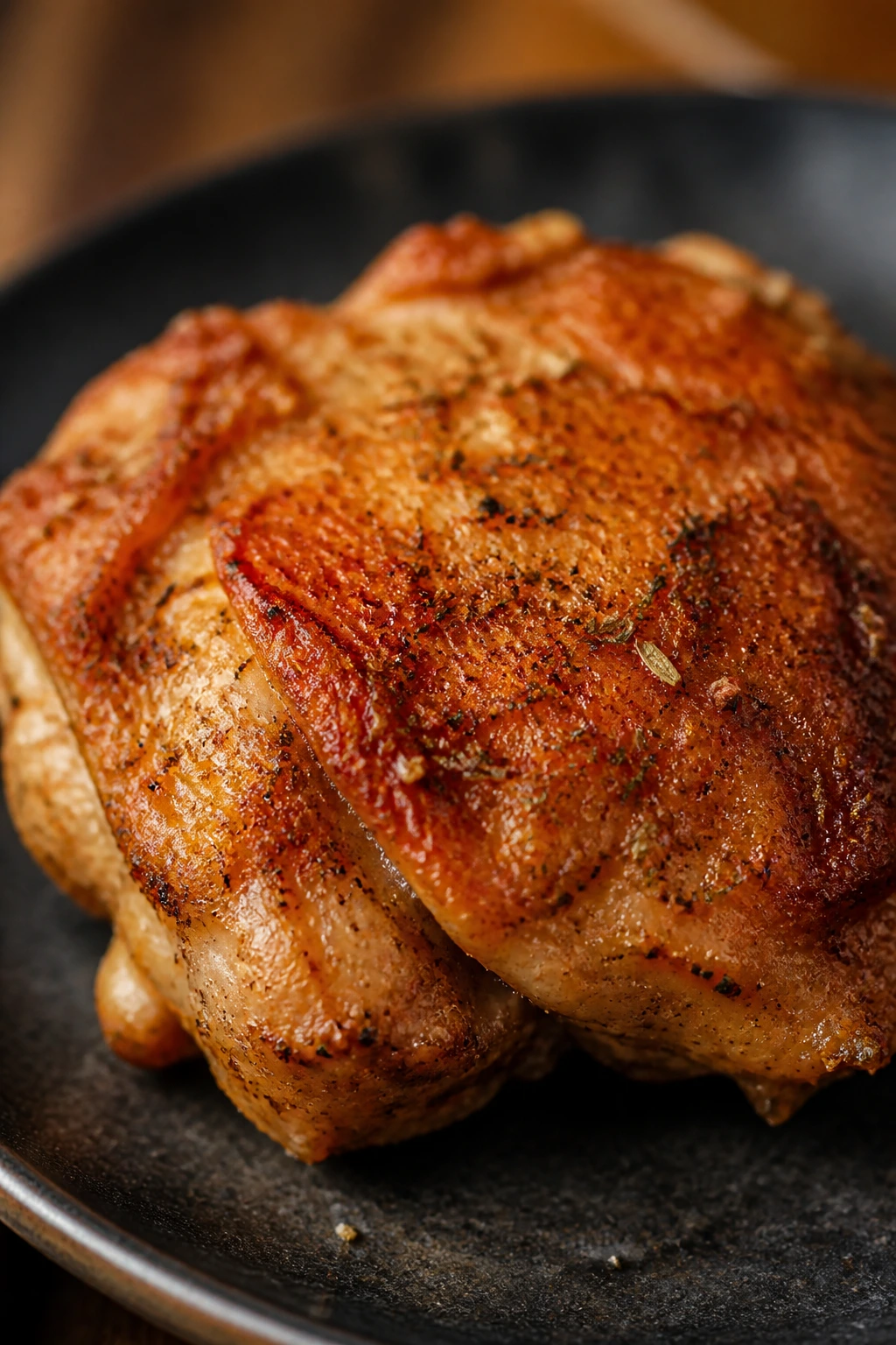 Seared chicken thigh with paprika and oregano seasonings on a dark plate