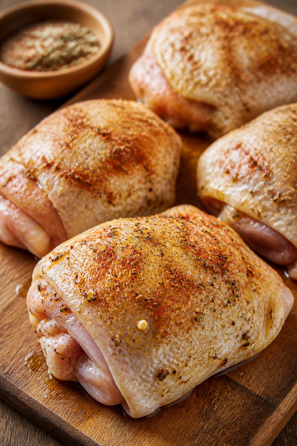 Seasoned chicken thighs with oil and spices on a cutting board