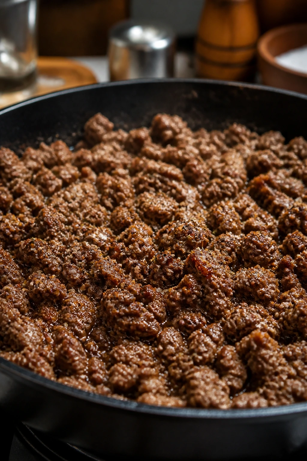 Ground beef in pan with visible seasoning specks