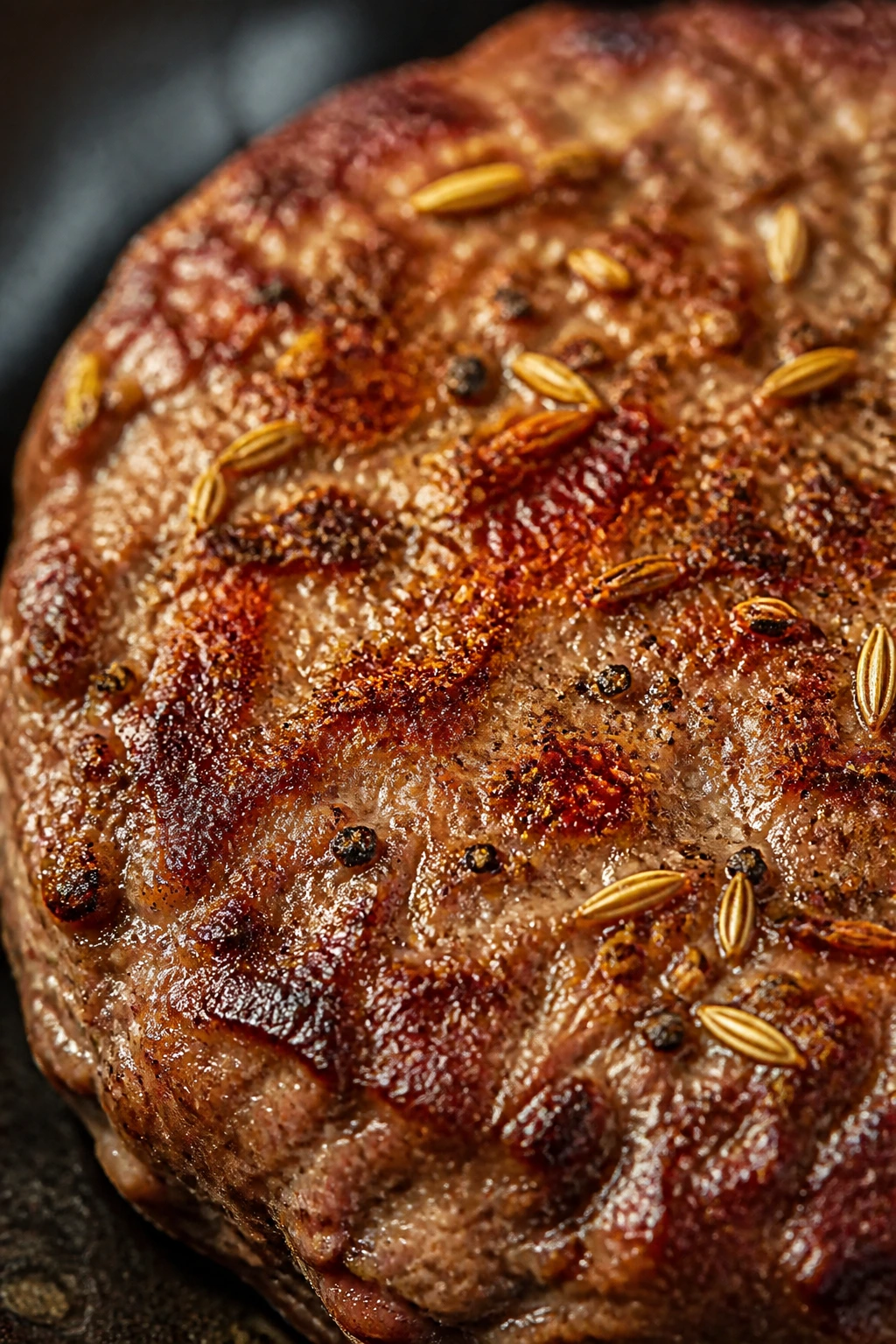 Beef sausage patty with visible fennel seeds and spices on the crust.