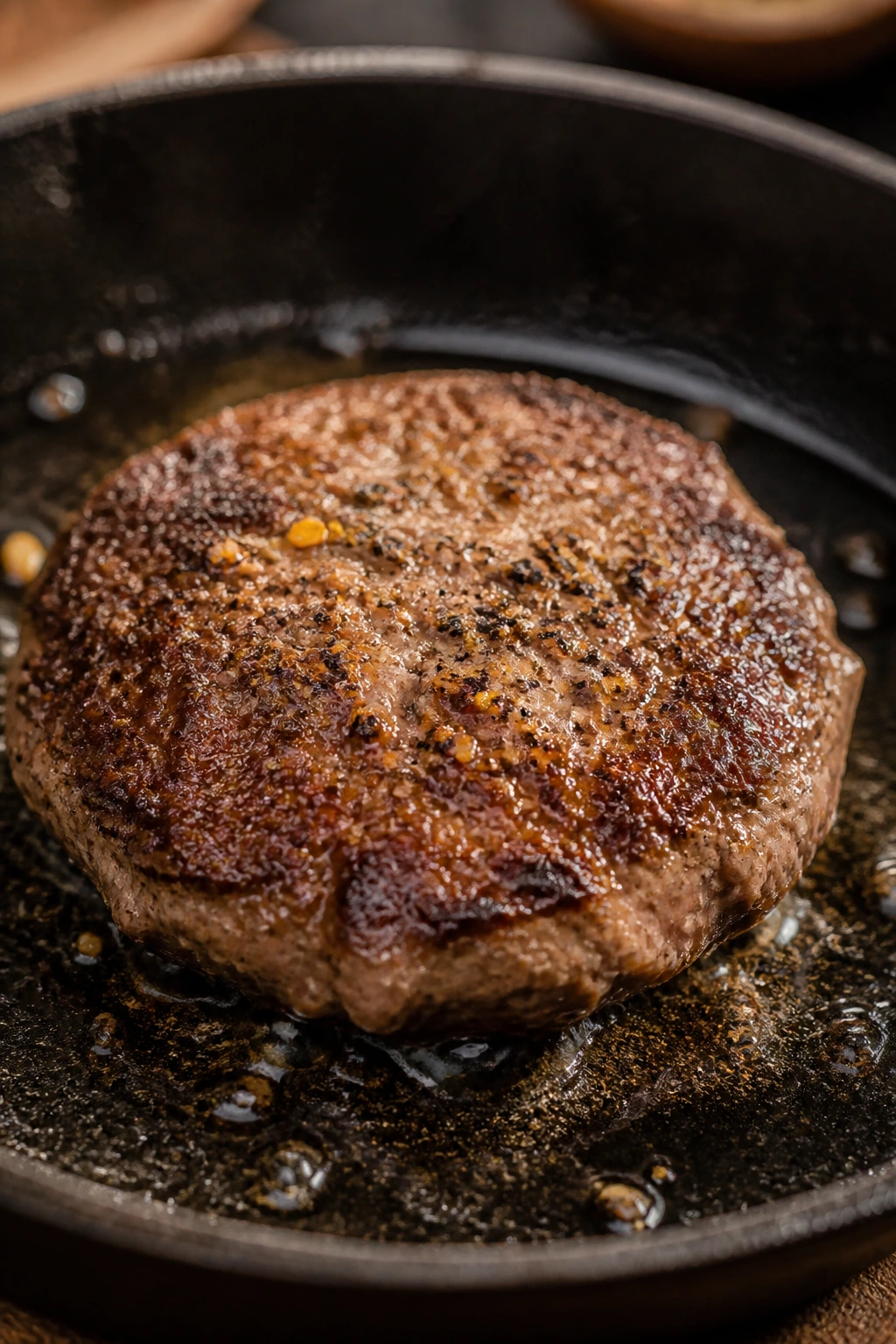 Seared burger patty in a skillet showing crust and seasoning