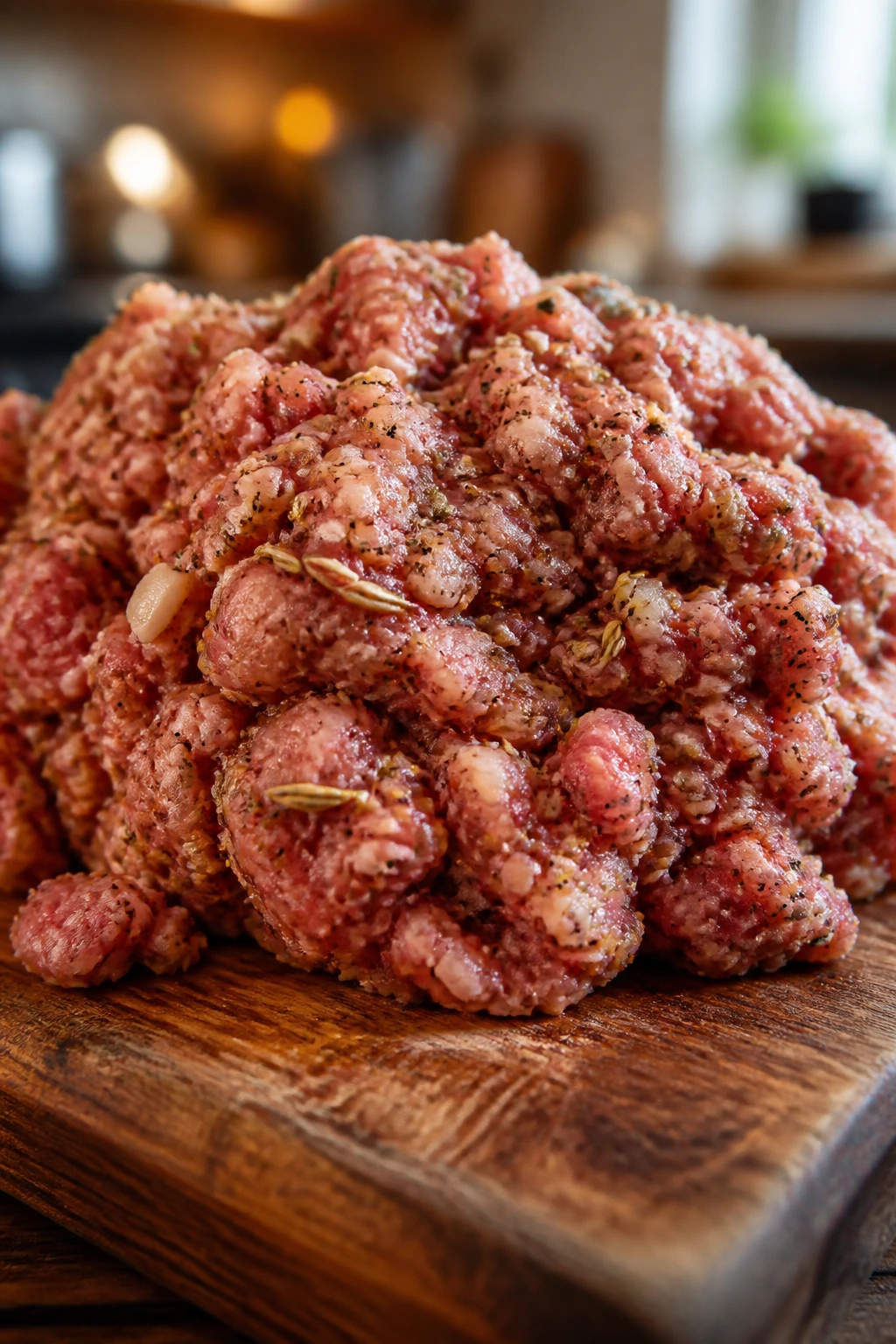 Close-up of seasoned ground pork on cutting board in warm Italian kitchen