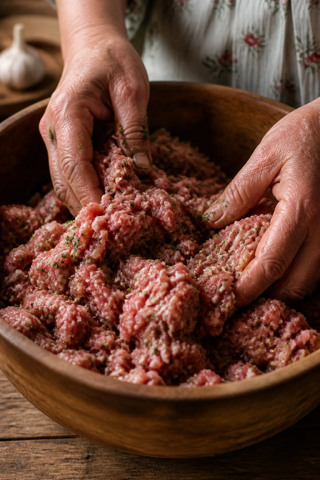 Rustic bowl of seasoned ground pork mixture with fennel seeds and herbs