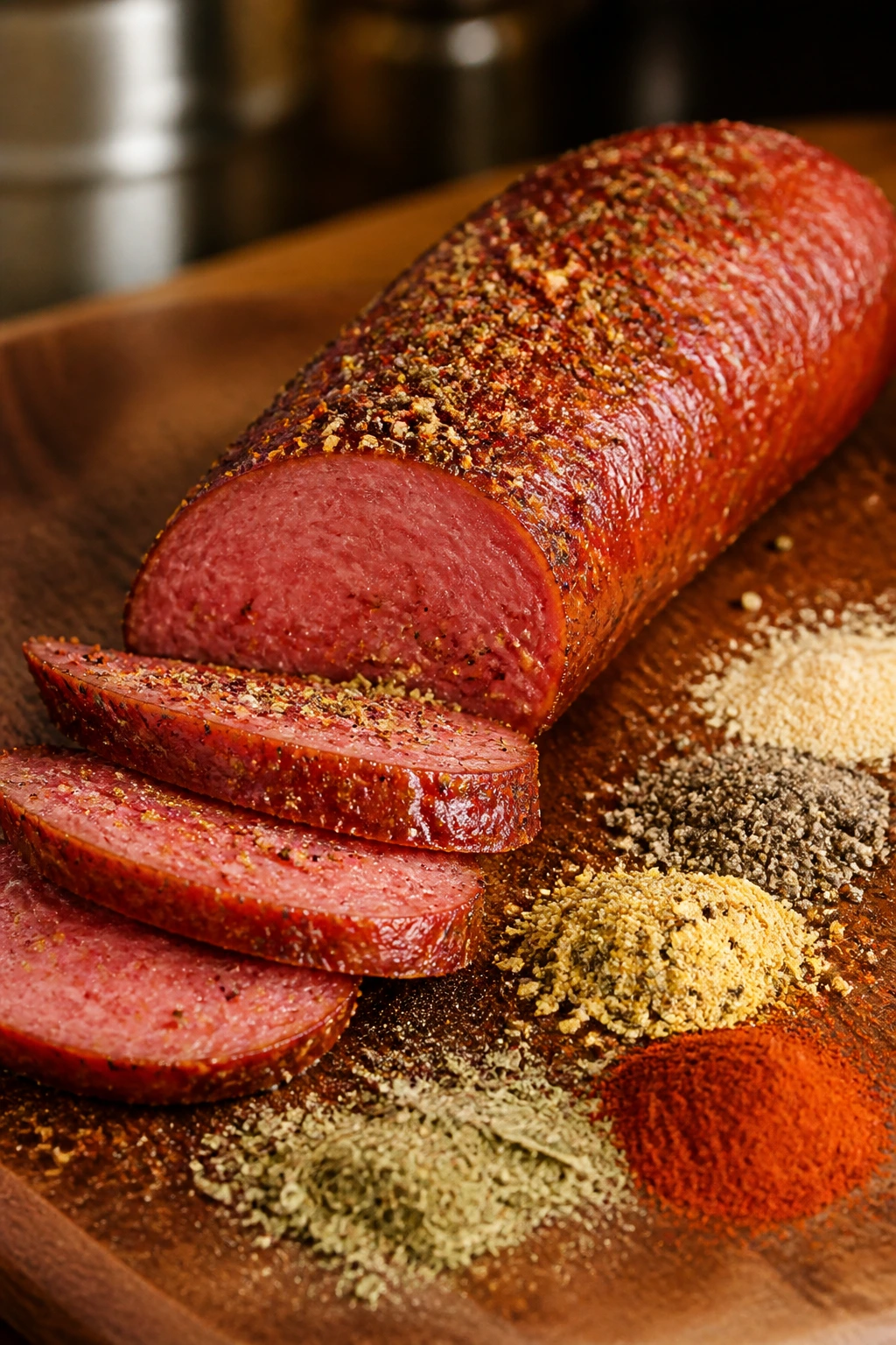 Seasoned smoked sausage with bold savory spices on a wooden board