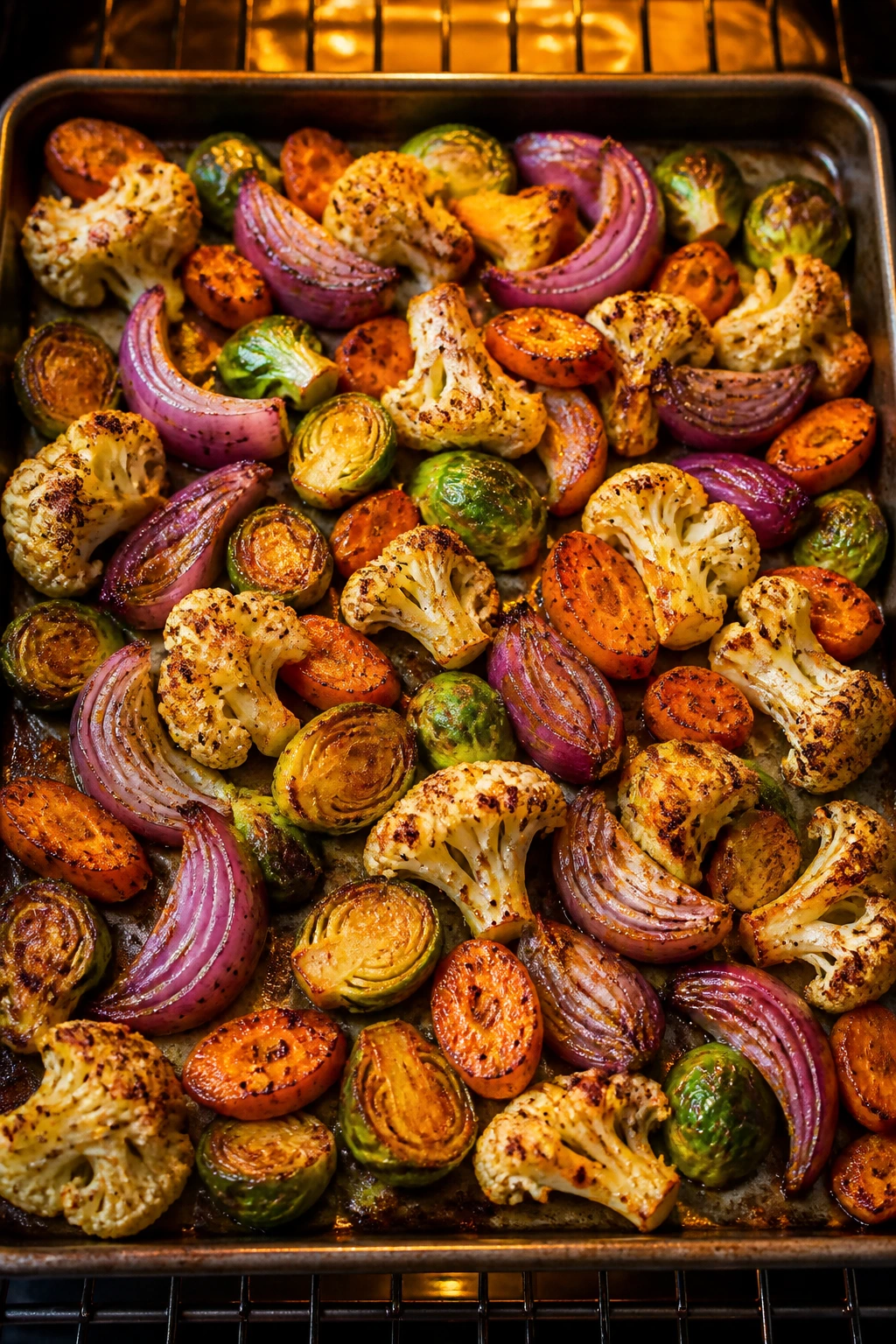 Top-down sheet pan with seasoned cauliflower, Brussels sprouts, carrots, and red onion