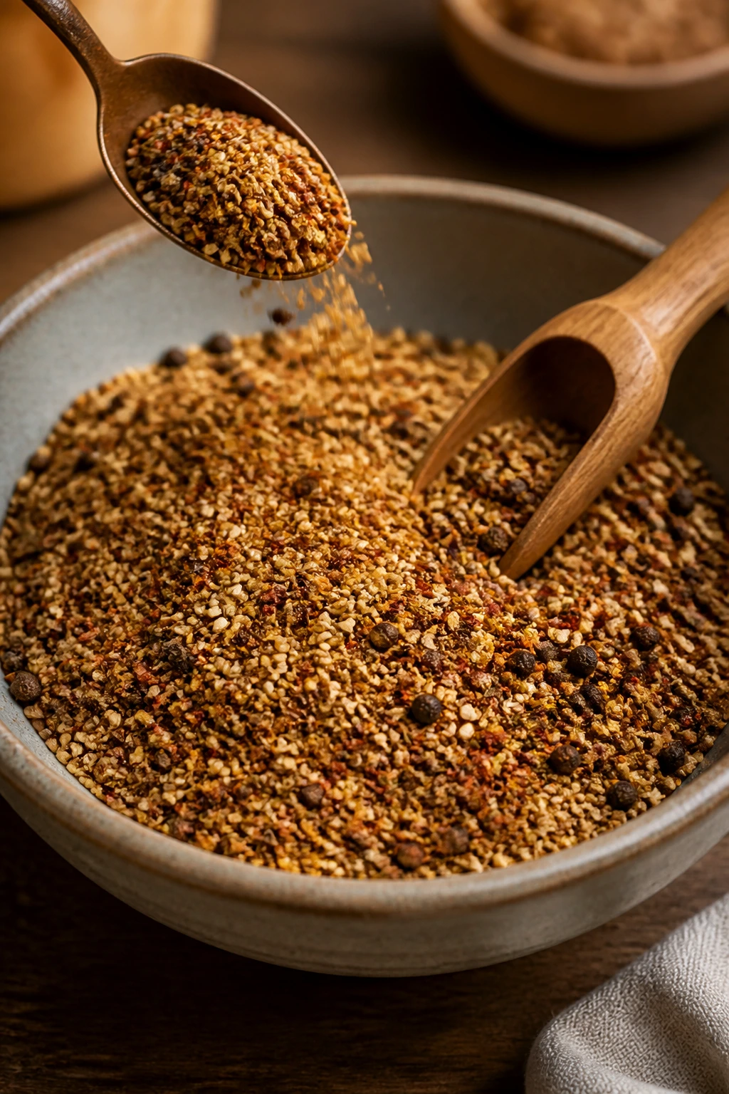 Close-up of a bowl filled with dry seasoning, with a scoop