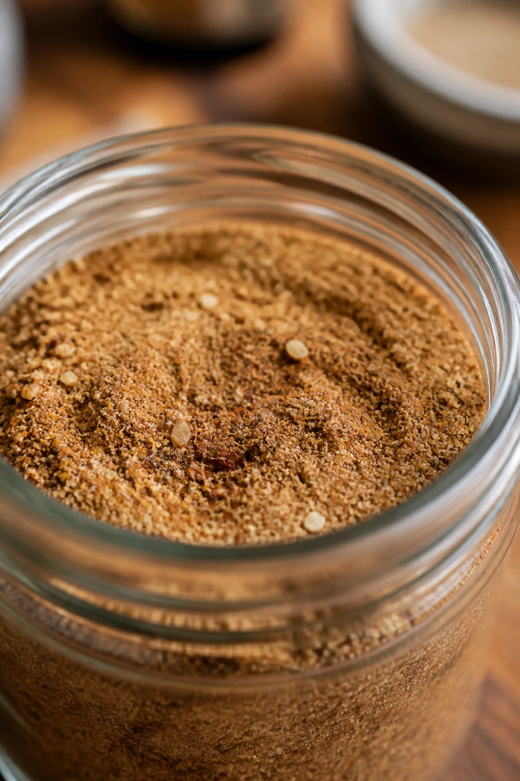 Open jar of dry seasoning blend on a wooden surface