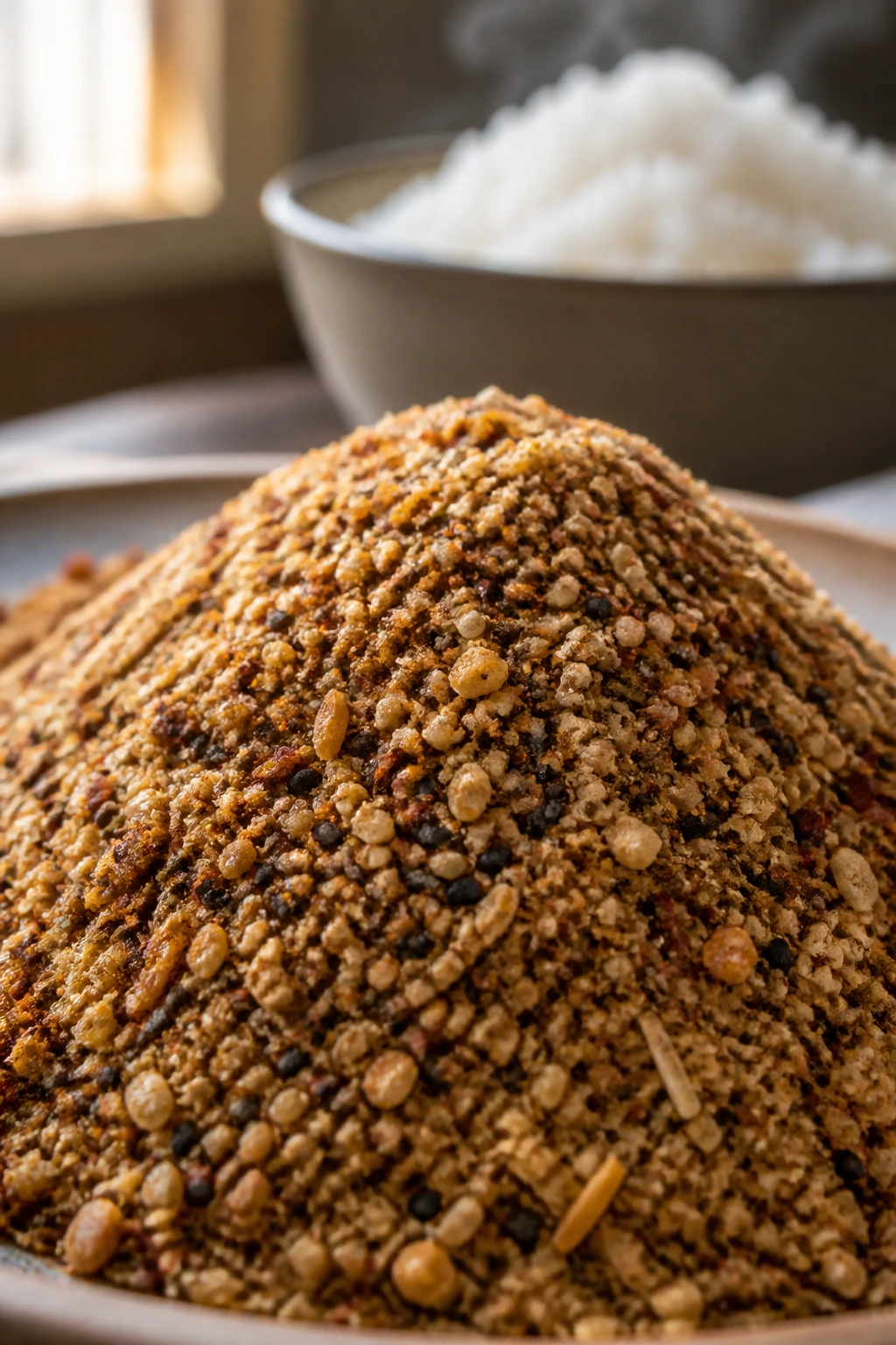 Close-up of finishing seasoning dust atop jasmine rice in a warm kitchen