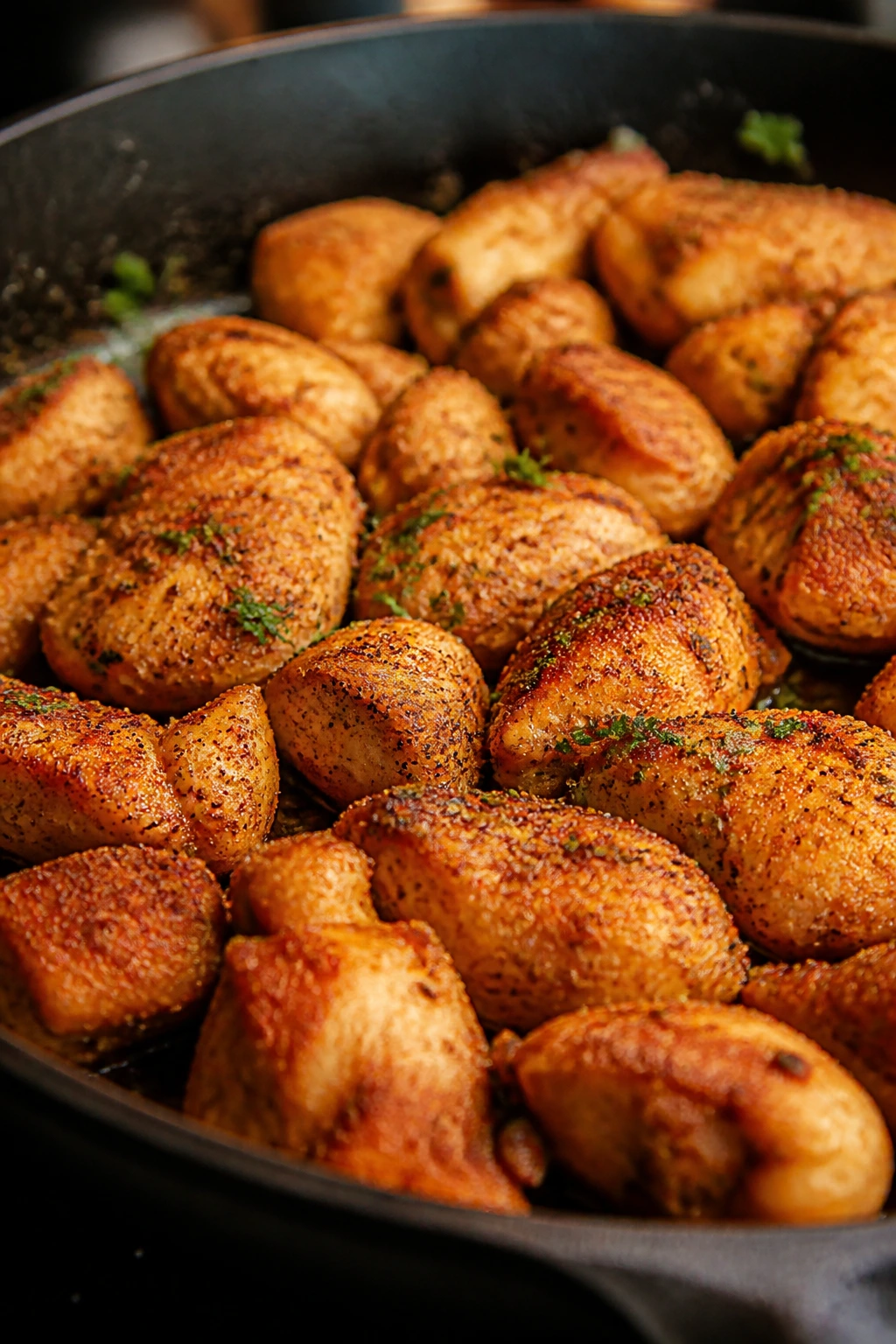 Seasoned chicken in a skillet with visible spices on the surface.