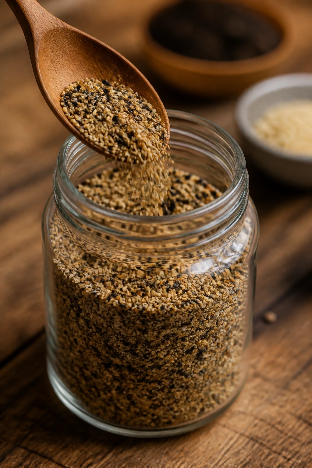 Jar being filled with seasoning on a wooden counter