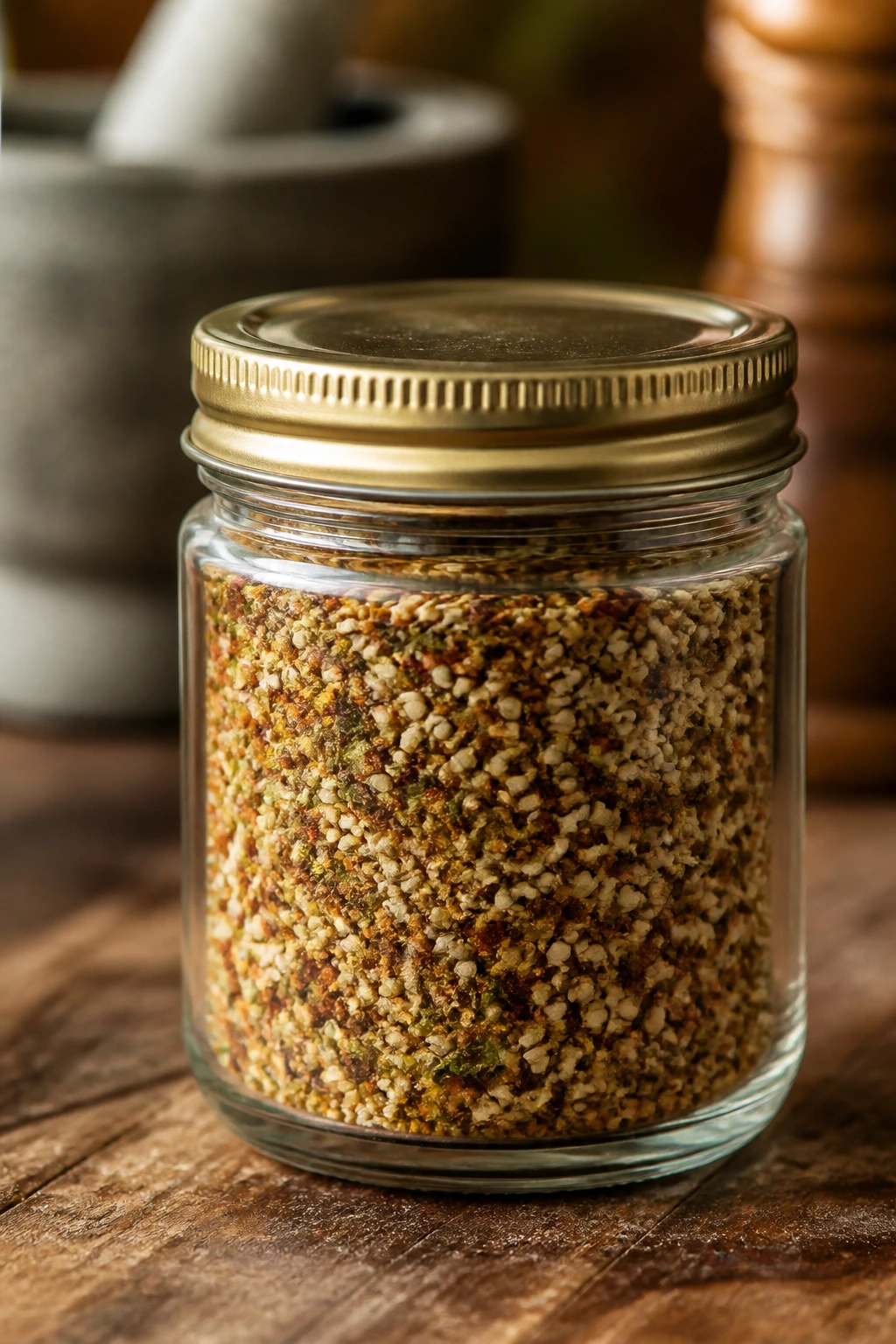 Glass jar of seasoning on wooden surface with kitchen tools in background