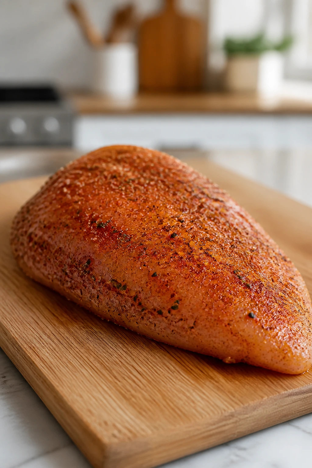 Chicken breast with a seasoned rub on a cutting board