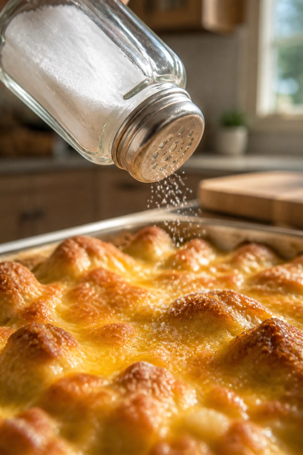 Close-up of salt shaker seasoning a cheesy bake on a warm kitchen counter
