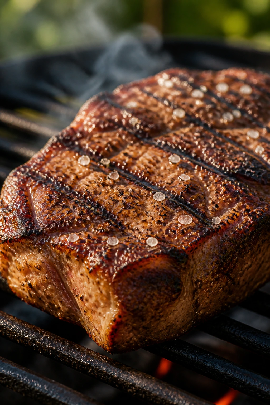 Salt-seasoned grilled meat close-up on a grill