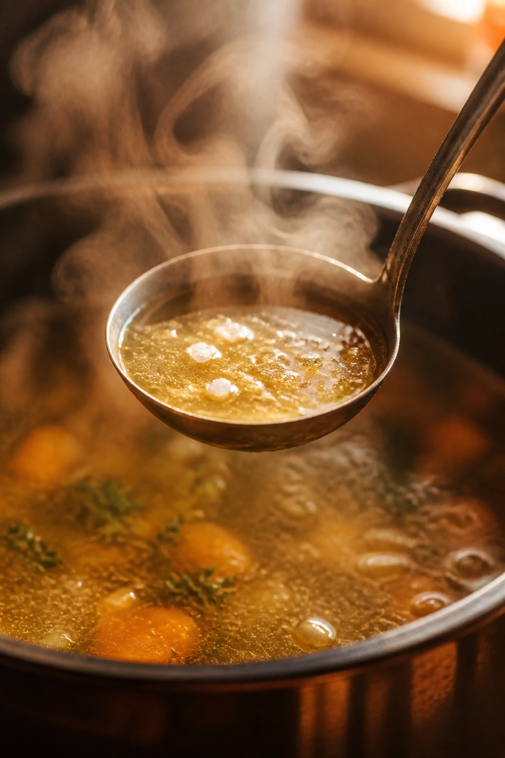 Spoonful of steaming broth with visible salt crystals in warm kitchen