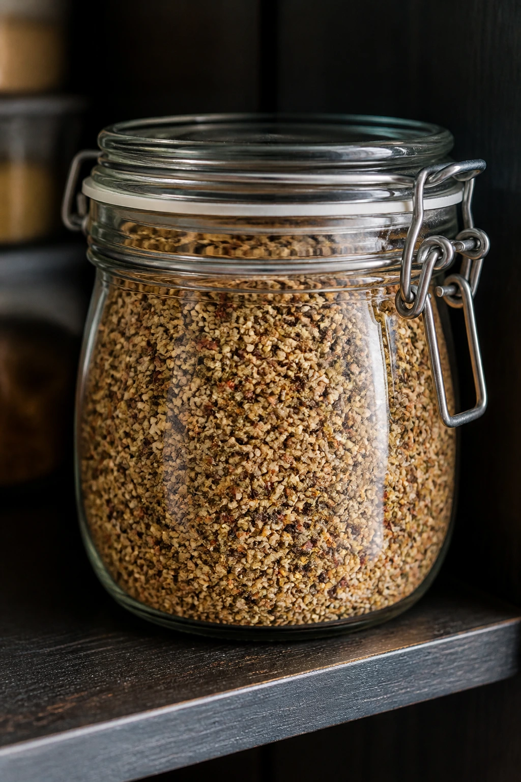 Airtight glass jar with seasoning on a dark cupboard shelf