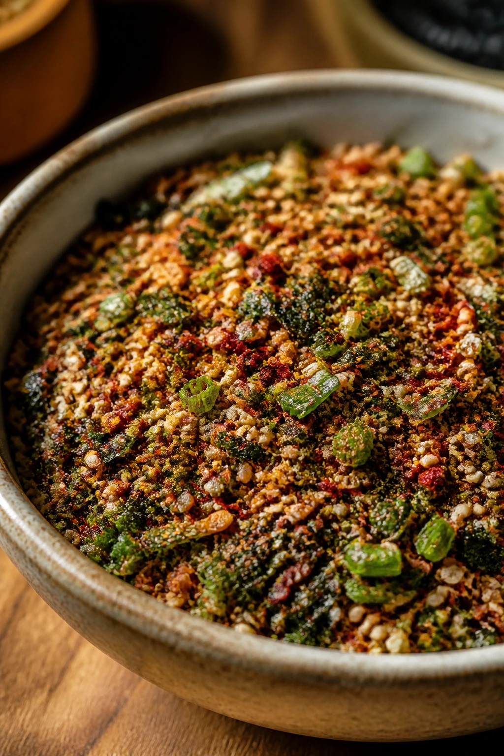 Multi-toned seasoning blend with red, green, and brown specks
