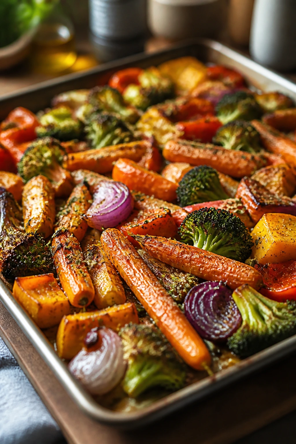 Roasted vegetables with visible seasoning and oil