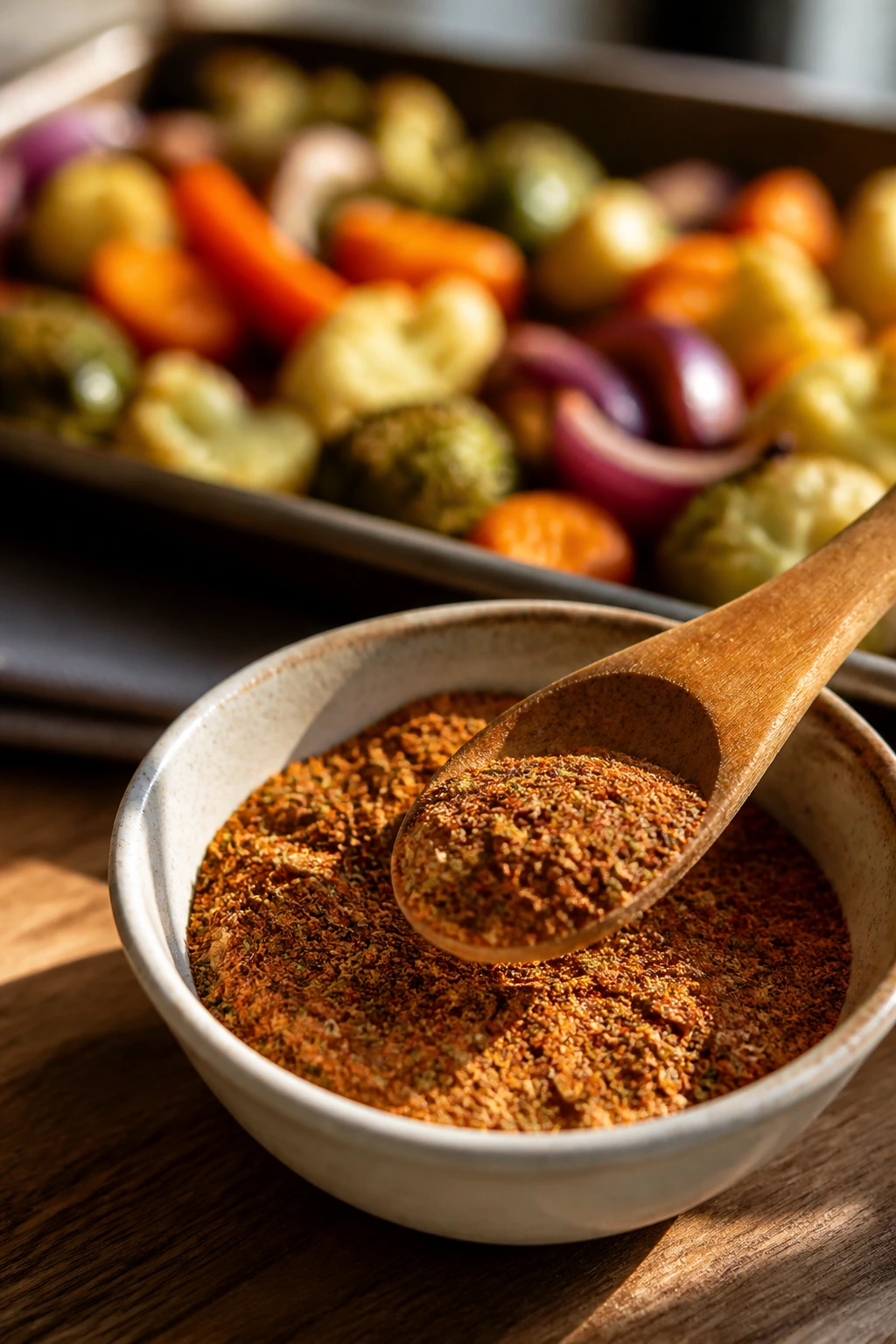 Close-up of caramelized vegetable seasoning blend in a small bowl with a wooden spoon