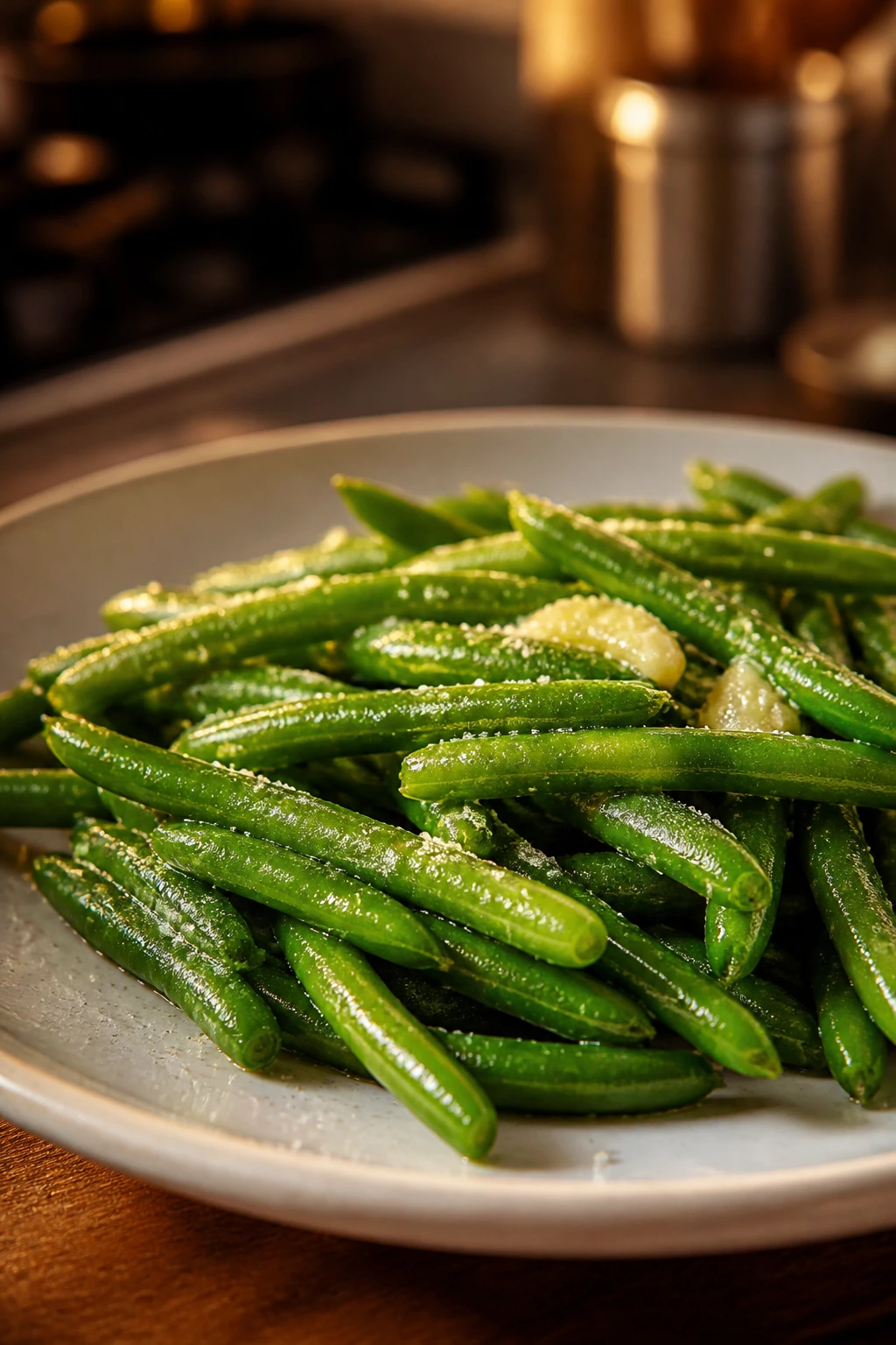 Butter-coated green beans on plate with light olive oil sheen.
