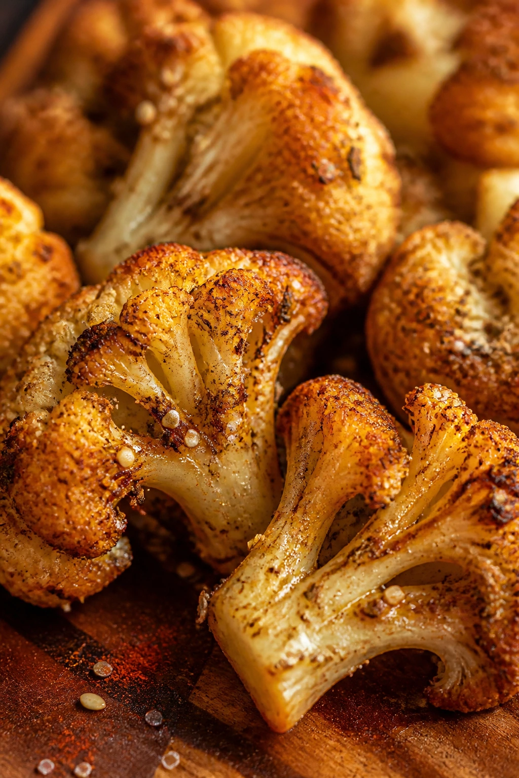 Roasted cauliflower with paprika and sesame seeds on a wooden board