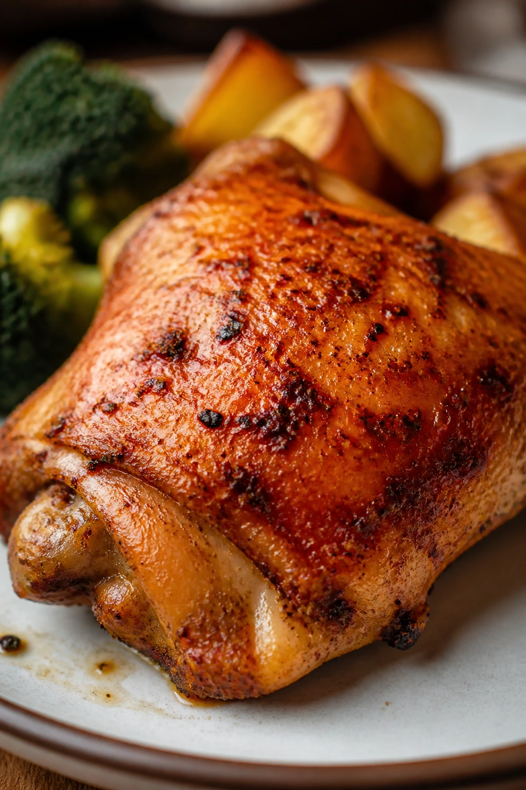 Crispy chicken thigh with paprika specks and glaze on a plate