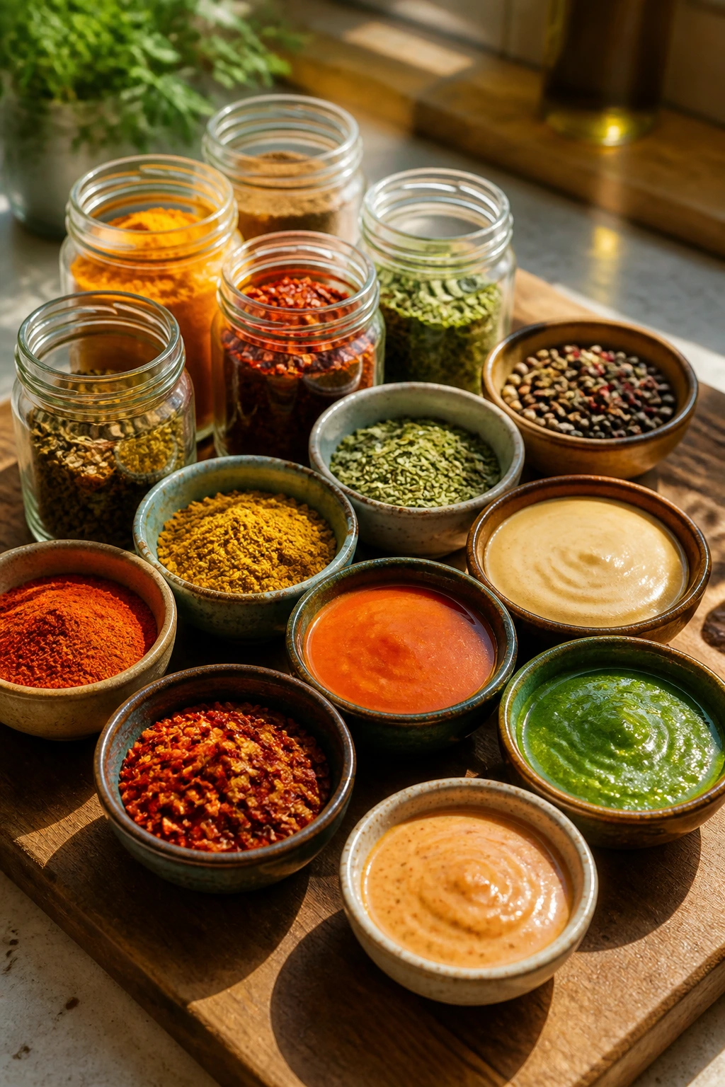 Close-up of colorful seasonings and sauce bowls for a bright vegan air fryer dinner