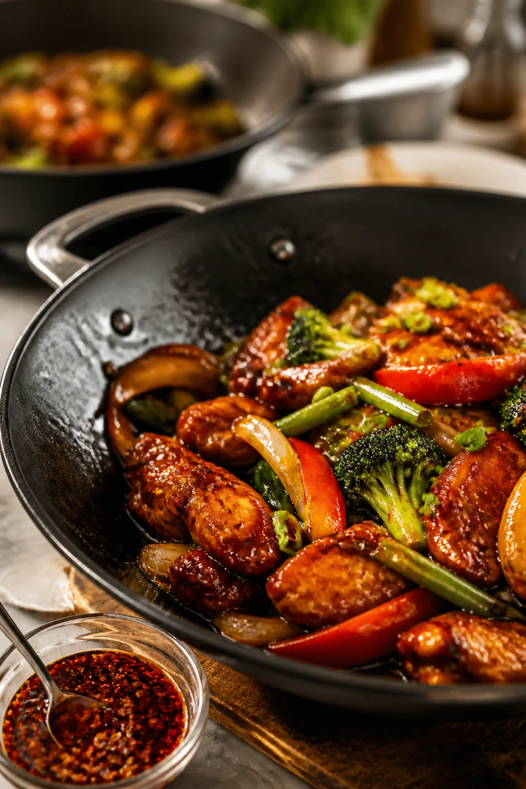 Second batch stir-fry with chili crisp accent in a pan