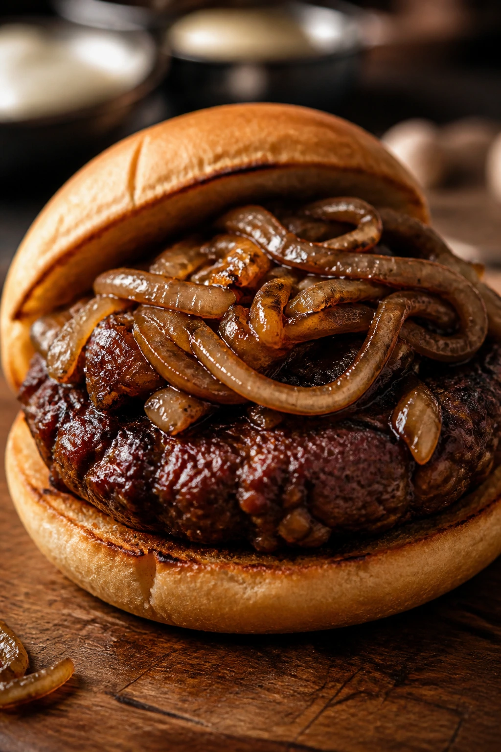 Close-up of Seitan Steakhouse Burger with caramelized onion